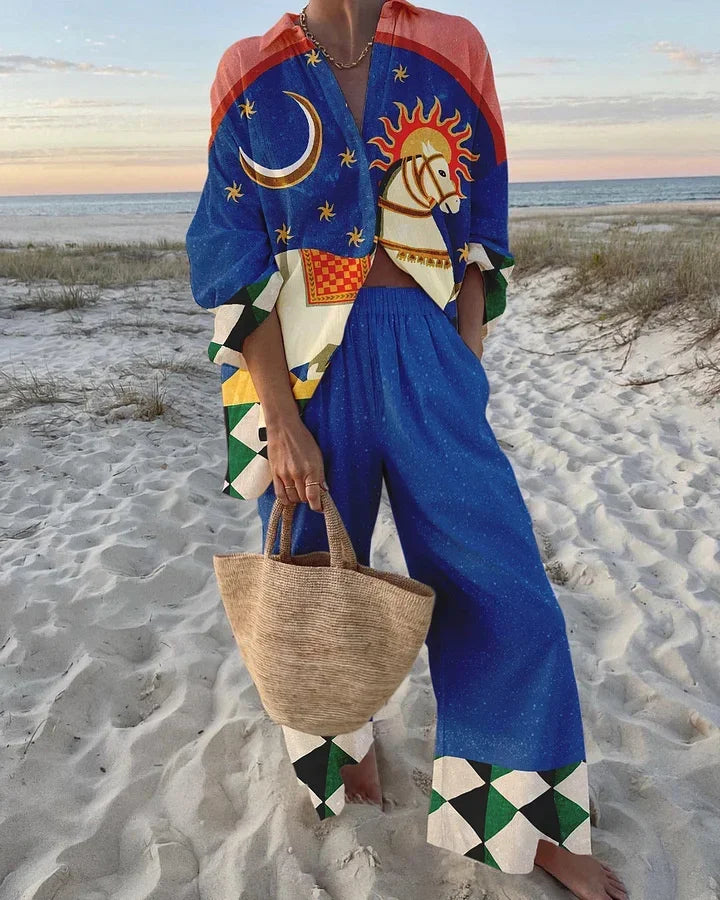 Funny Printed Loose Two Piece Set Women Tropical Beach Holiday Outfits 2024 Casual Lapel Button Shirt Wide Leg Pants Sets