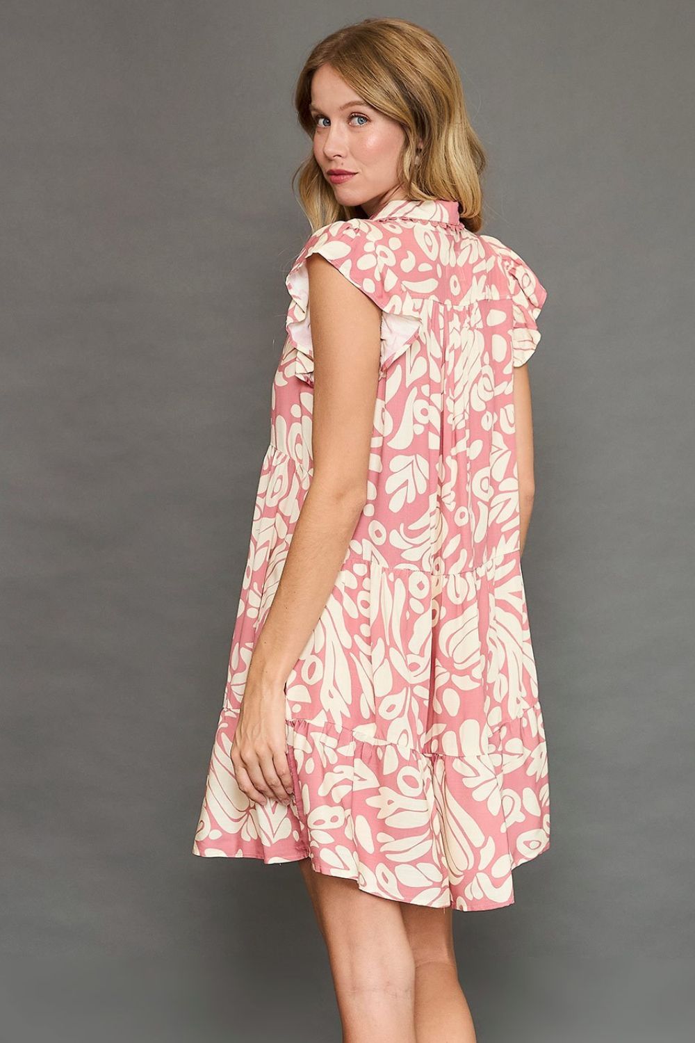 Umgee Full Size Two Tone Printed Ruffled Cap Sleeve Mini Dress Plus