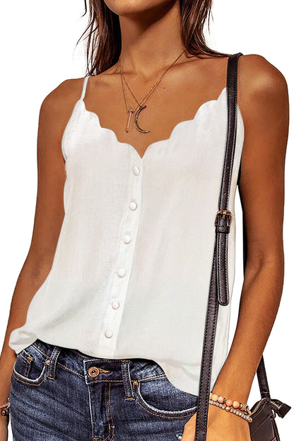 White spaghetti straps vest with button details and V-neck, designed for women by Lavender Pallas.