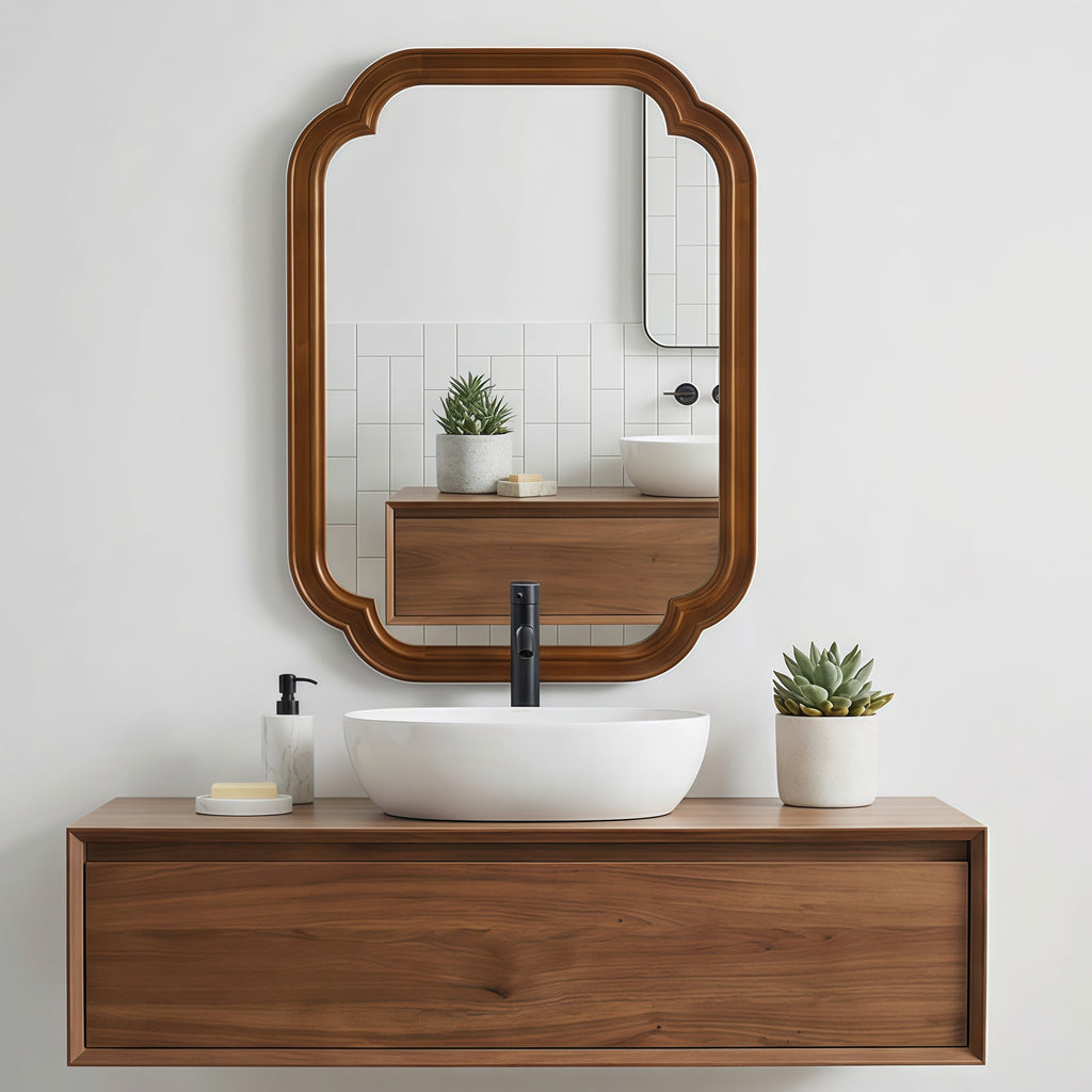 Solid Wood Frame Rounded Corner Decorative Mirror, For Bedroom,