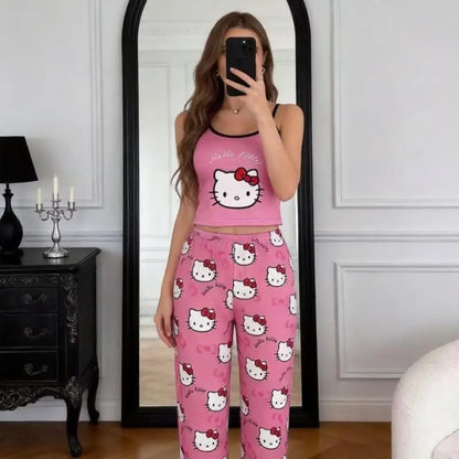 2026 Hot Style Hello Kitty Summer New Women's Black Suspender Pajama Set Comfortable Cartoon Two-Piece Home Clothes Casual Sexy