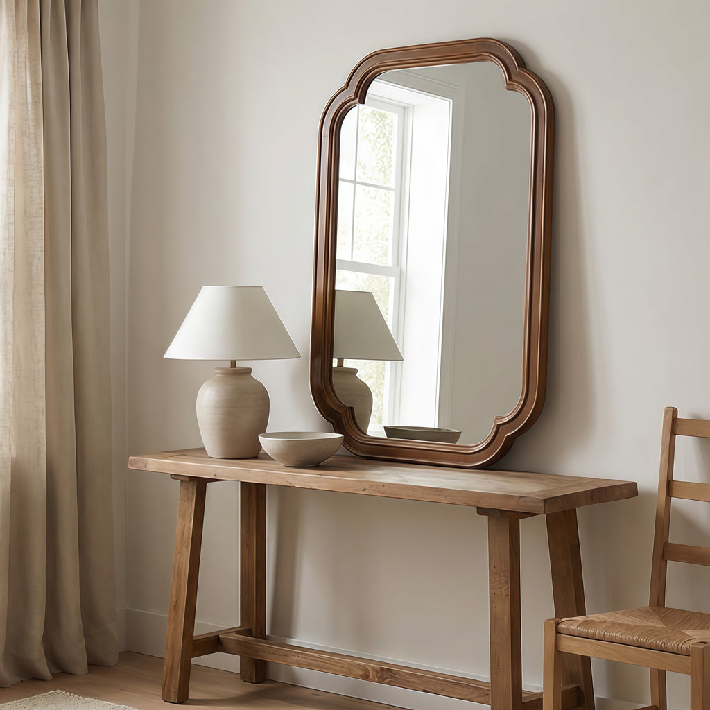 Solid Wood Frame Rounded Corner Decorative Mirror, For Bedroom,