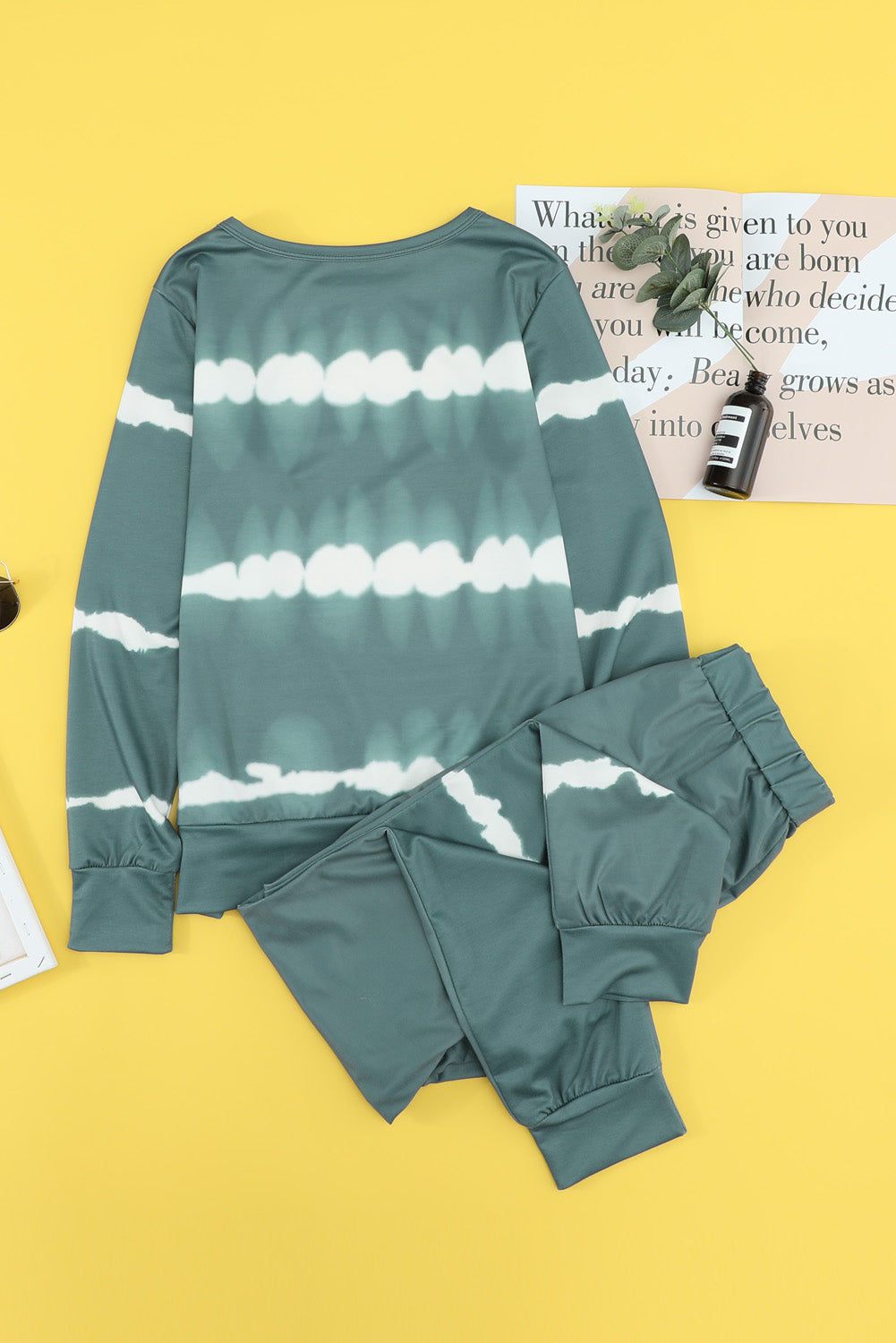 Army Green Tie-dye Stripes Pullover Top and Pants Lounge Set