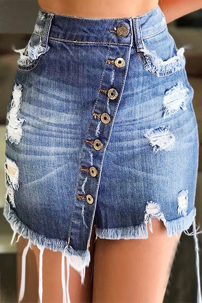 Light blue distressed button-front ripped A-line denim short skirt for women by Lavender Pallas, featuring a casual, fashionable design.