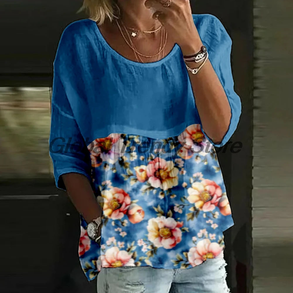 Women's Casual Floral Print 3/4 Sleeve Blouse Loose Fit Crew Neck Tunic Tops Lady's Top Shirts