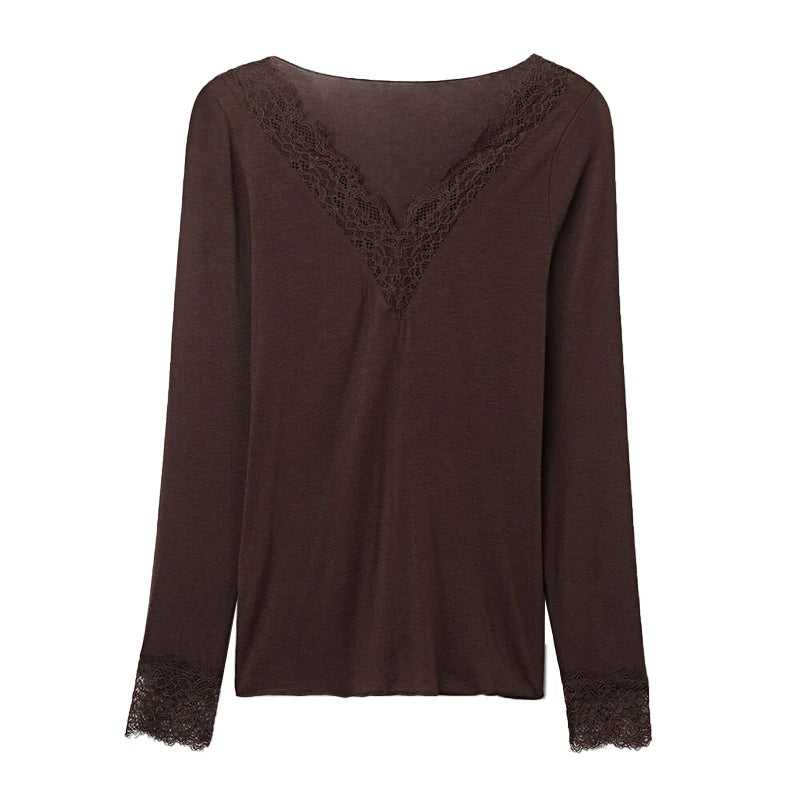 2026 Spring/Autumn Lady Fashion Inner Wear Casual V Neck Lace Trim Top Women's Solid Full Sleeve Underwear Shirt for Layering