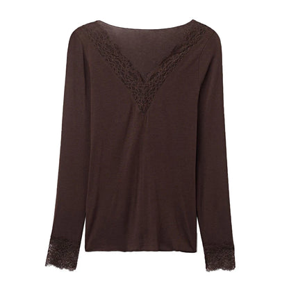 2026 Spring/Autumn Lady Fashion Inner Wear Casual V Neck Lace Trim Top Women's Solid Full Sleeve Underwear Shirt for Layering
