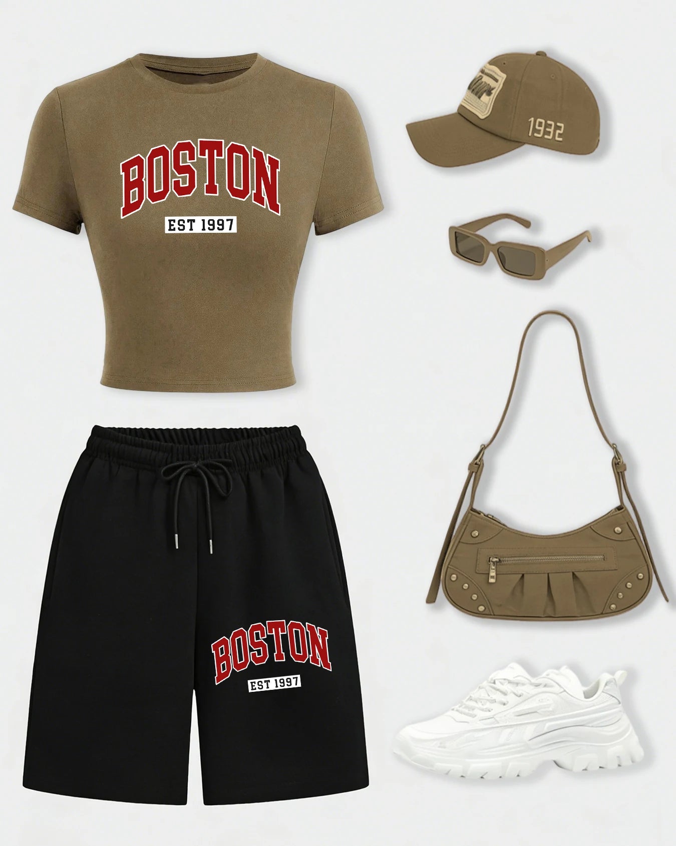Boston Letter Est 1997 Women T-Shirt Set Drawstring Wide-Leg Short Pants Summer Pocket Black Pant Cotton Breathable Crop T Shirt