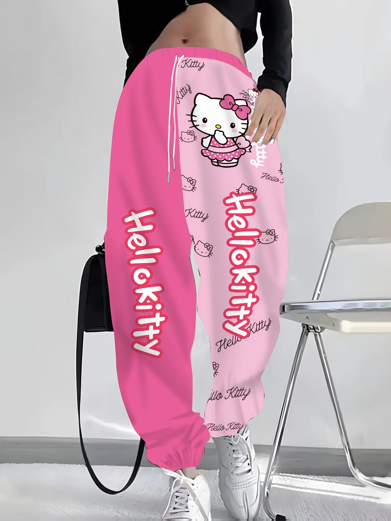Hot Pink Light Pink Split‑Color Hello Kitty Long Pants Cartoon Polka‑Dot Bow Print Trousers for Lady