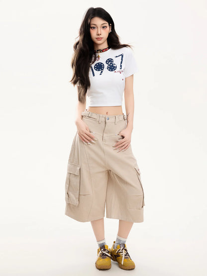 PBB American Style Casual High Waist Wide Leg Pants Women's Workwear Seven-Foot Straight Tube Pants with Big Pockets  Color