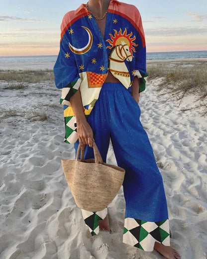 Funny Printed Loose Two Piece Set Women Tropical Beach Holiday Outfits 2024 Casual Lapel Button Shirt Wide Leg Pants Sets