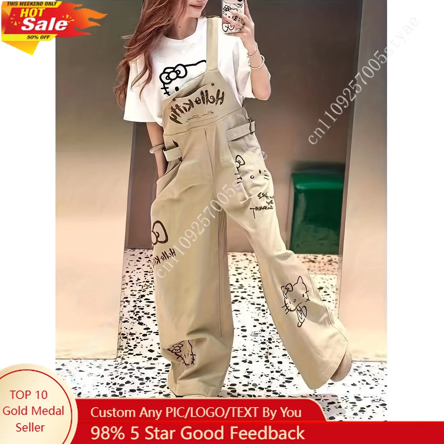 Hello Kitty Design Retro Trendy and Stylish Loose-Fitting Casual Overalls for Women