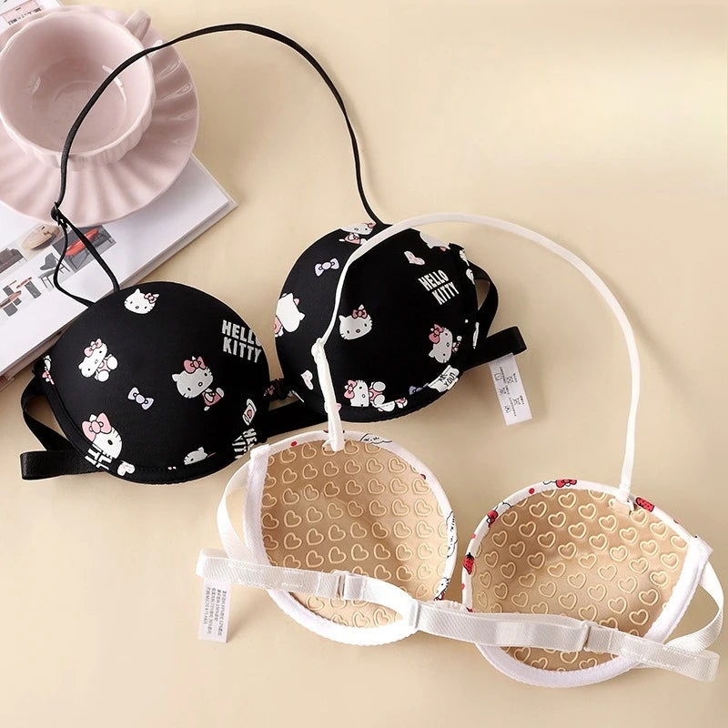 Hello Kitty New Cartoon Strapless Strap-On Bra and Panties Set Low-Waisted T-Pants Rhinestone Letter Panties Cute Sweet Gift