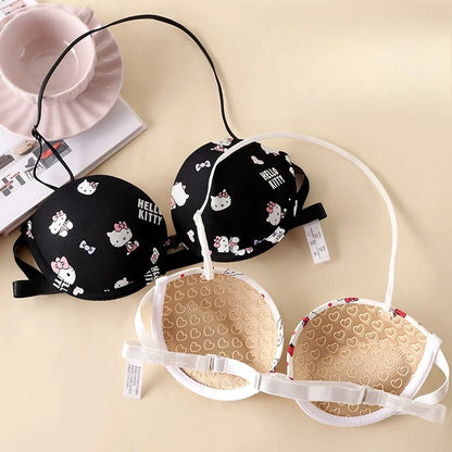 Hello Kitty New Cartoon Strapless Strap-On Bra and Panties Set Low-Waisted T-Pants Rhinestone Letter Panties Cute Sweet Gift