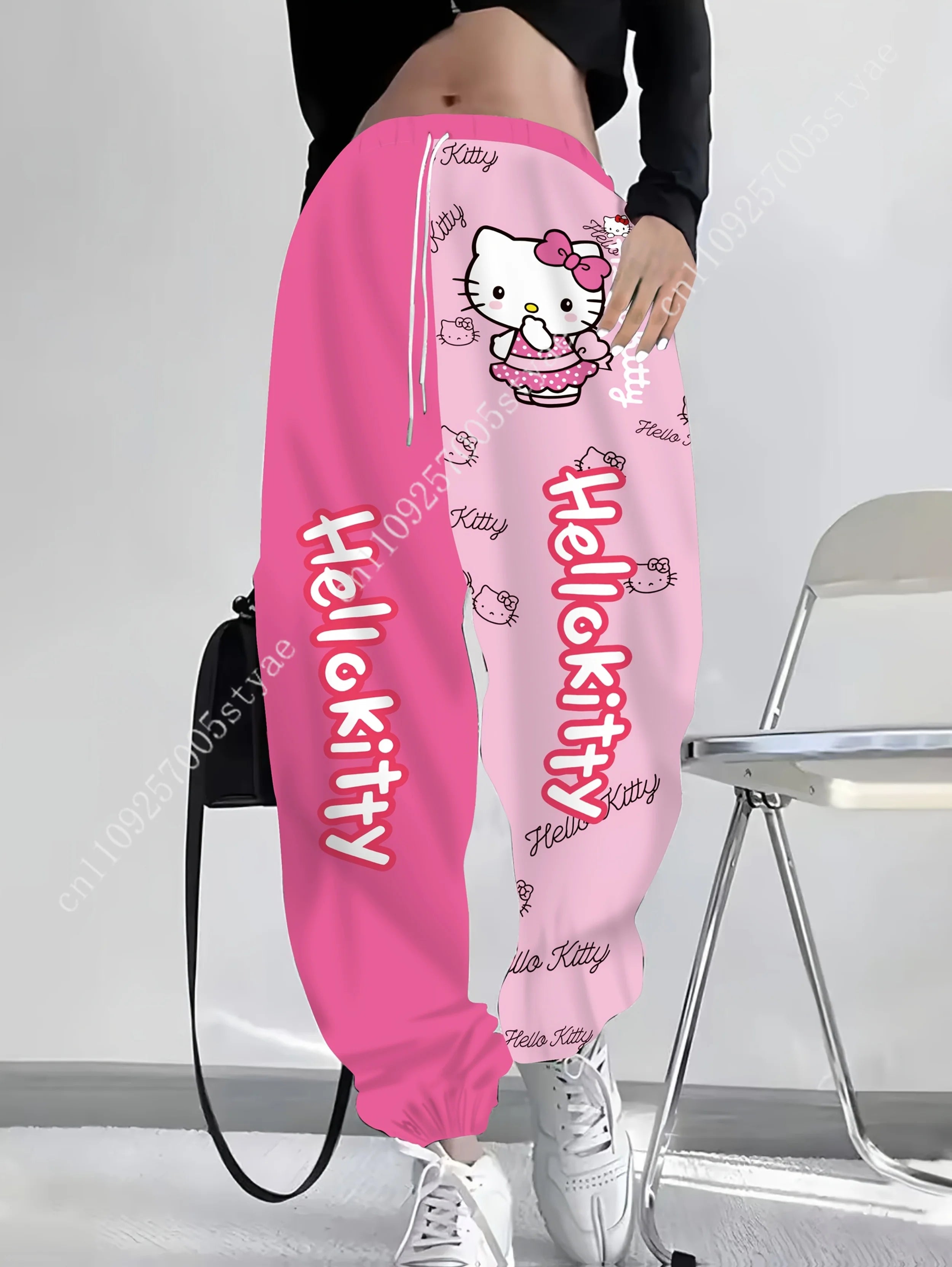 Hot Pink Light Pink Split‑Color Hello Kitty Long Pants Cartoon Polka‑Dot Bow Print Trousers for Lady