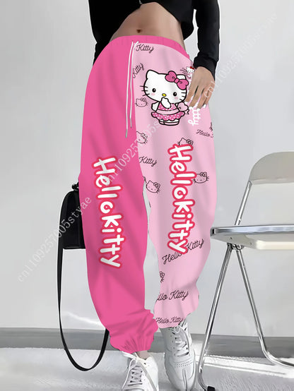 Hot Pink Light Pink Split‑Color Hello Kitty Long Pants Cartoon Polka‑Dot Bow Print Trousers for Lady