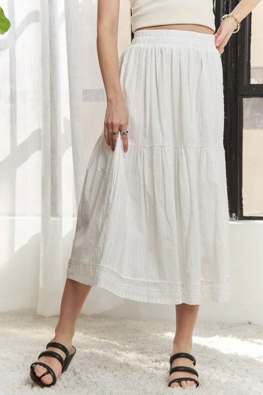 ADORA Elastic Waistband Tiered Midi Skirt