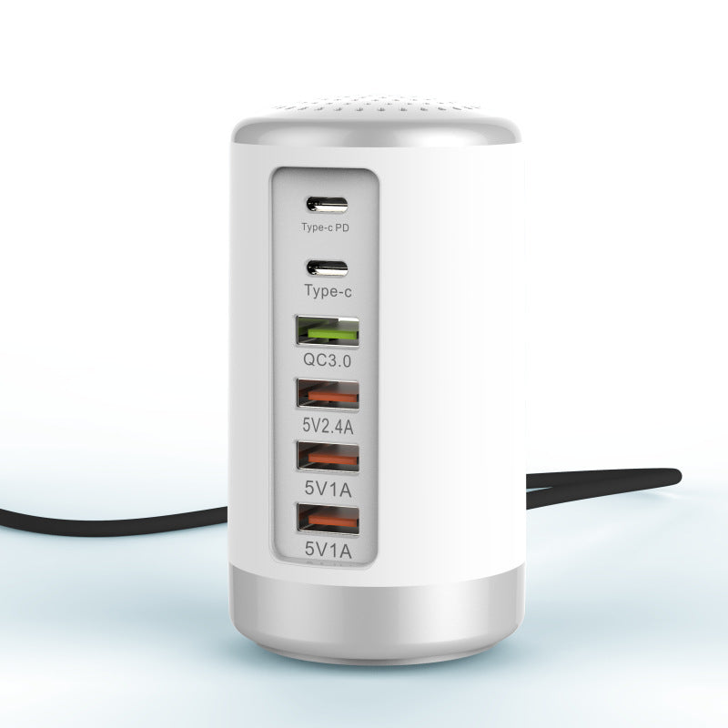 Maroon Asteria 6-port cylindrical adapter with 65W fast charging for mobile and laptop devices, featuring multiple USB ports.