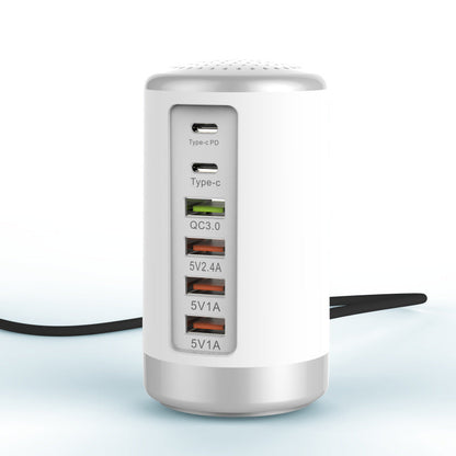 Maroon Asteria 6-port cylindrical adapter with 65W fast charging for mobile and laptop devices, featuring multiple USB ports.