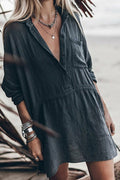 Half Button Pocketed Linen Casual Mini Dress
