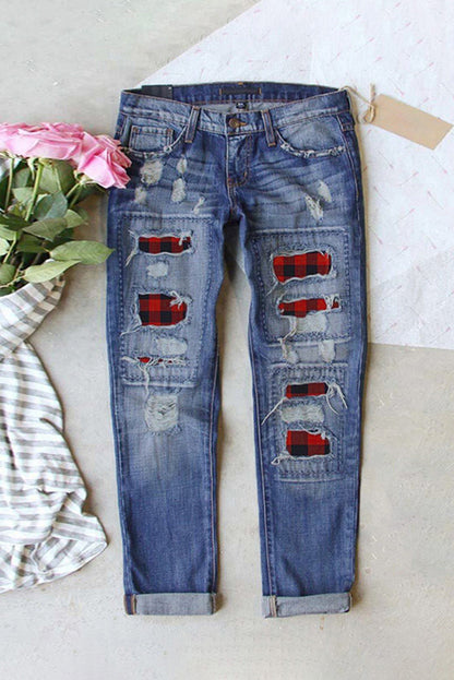 Harlequin Daisy Buffalo Plaid Patches distressed straight jeans with patch details and frayed edges, showcasing casual denim style.