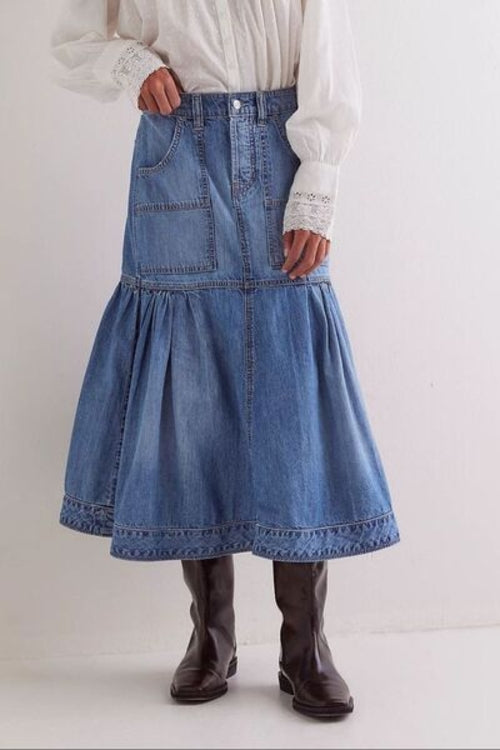MUNSIEUR Bohemian Denim Midi Skirt - Luxury Flowy Skirt with Pockets