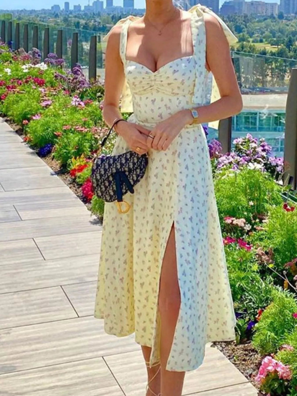 Stylish Floral Print Tie Shoulder Slit Midi Dress