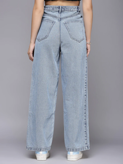 Light blue high-rise denim jeans for women by Ochre Ourea, shown on a model, with a fitted waist and classic denim style.