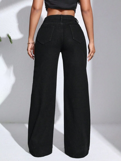 Women’s black high-rise denim jeans by Ochre Ourea, shown laid flat with front and back view.