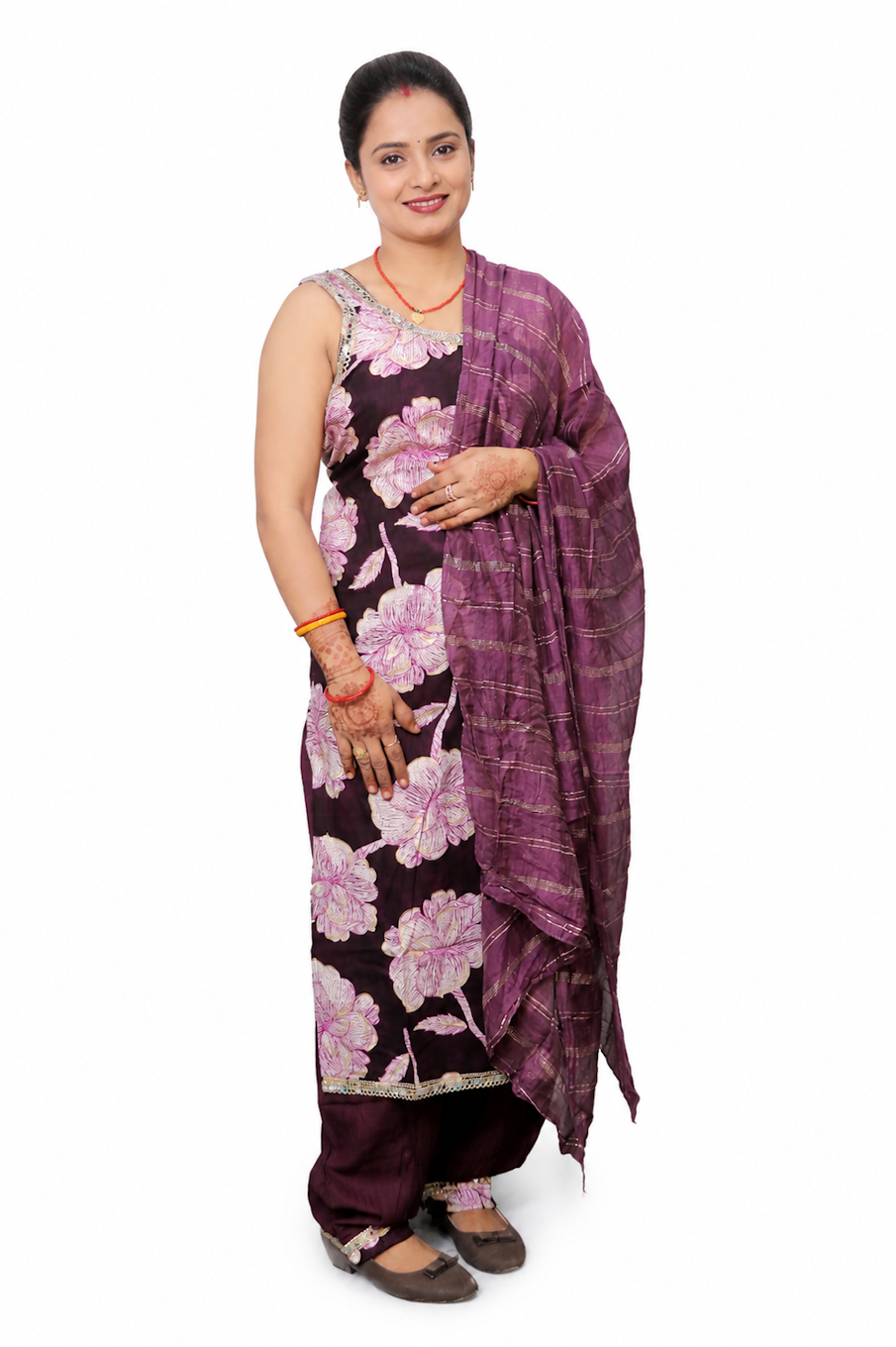 Women's Wine Floral Printed Kurta & Pant Set