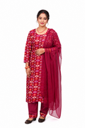Women's Wine Printed Kurta, Pant & Dupatta Set