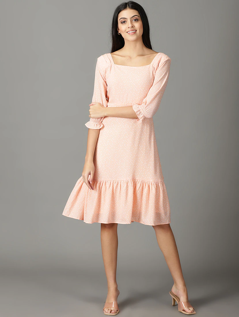 Women'S Tiered Dress Printed Dress (Size-S) (Color-PINK)