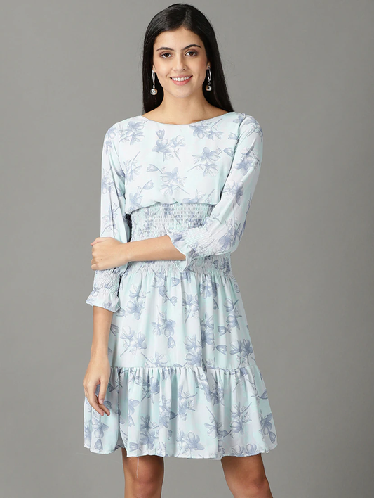 Women'S Tiered Dress Floral Dress (Size-XL) (Color-LIGHT BLUE)