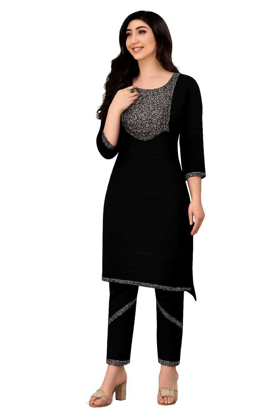 Chic Black Kurta Set with Yoke Embroidery