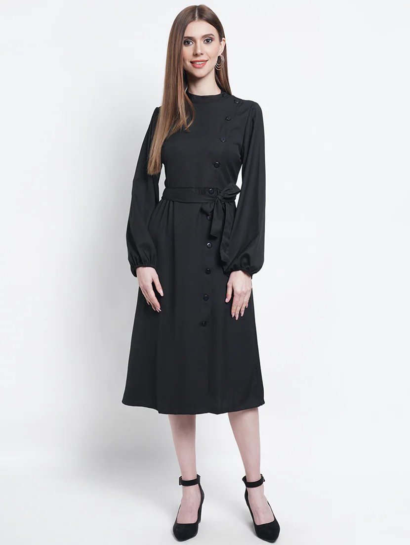 Tie Front Solid Fit & Flare Dress (Size-S) (Color-BLACK)