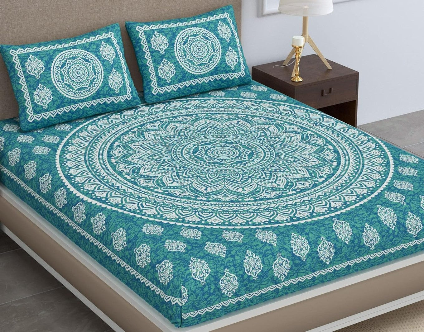 Jaipuri Mandala Cotton Bedsheet Green