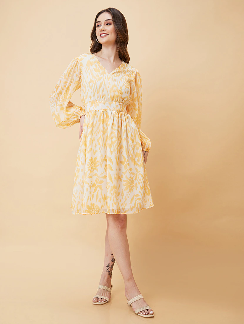 Off White Polyester Fit & Flare Dress (Size-M) (Color-MUSTARD)