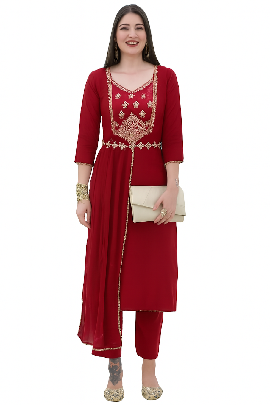 Women Festive Wear Kurta Set-Red (Size-M) | D388