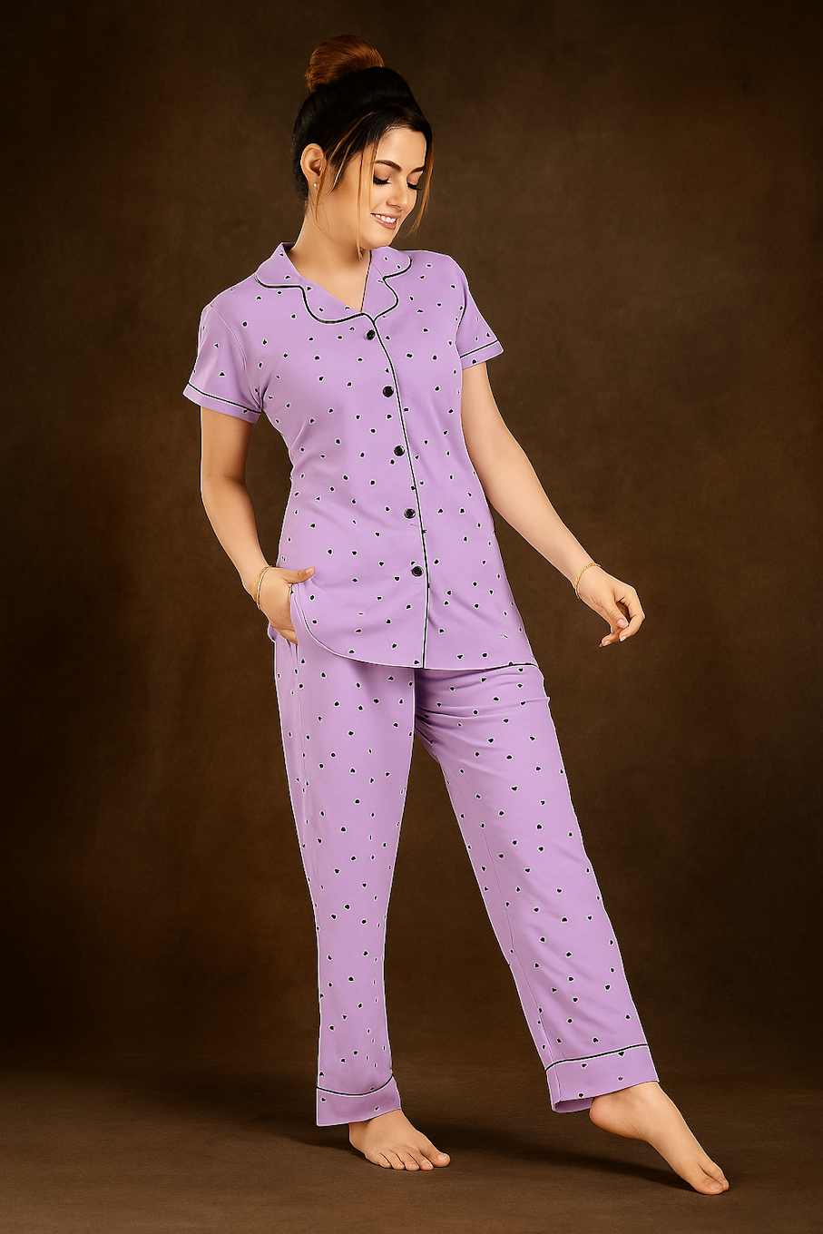 Charming Lavender Polka Dot Pajama Set for Cozy Nights (Size M)