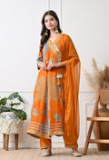 Women's Orange Printed Angrakha, Pant & Dupatta Set