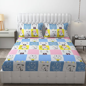 Kids Cat Print Bedsheet Yellow Blue