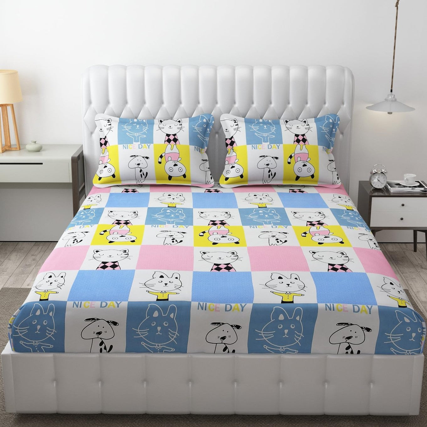 Kids Cat Print Bedsheet Yellow Blue