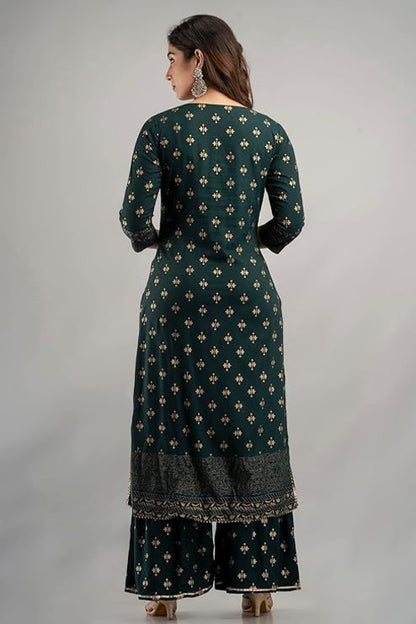Green Rayon Kurta with gold print, paired with matching Sharara and Dupatta, from Olive Huckleberry Women&