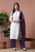 Women's White & Purple Kurta, Pant & Dupatta Set