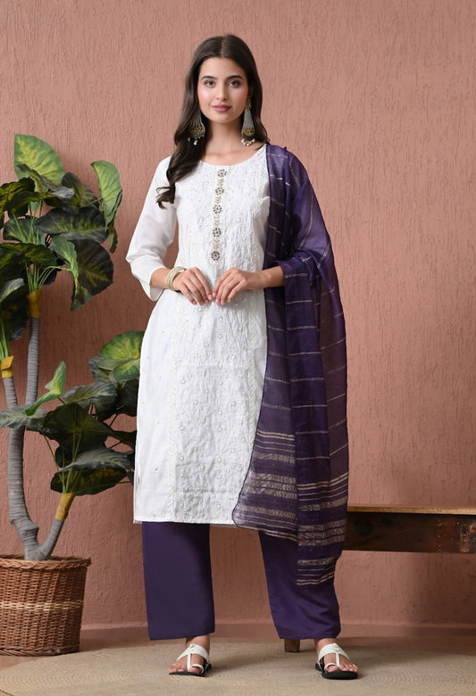 Women's White & Purple Kurta, Pant & Dupatta Set
