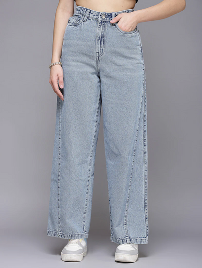 Light blue high rise denim jeans for women by Ochre Ourea, size 28, displayed on a hanger.