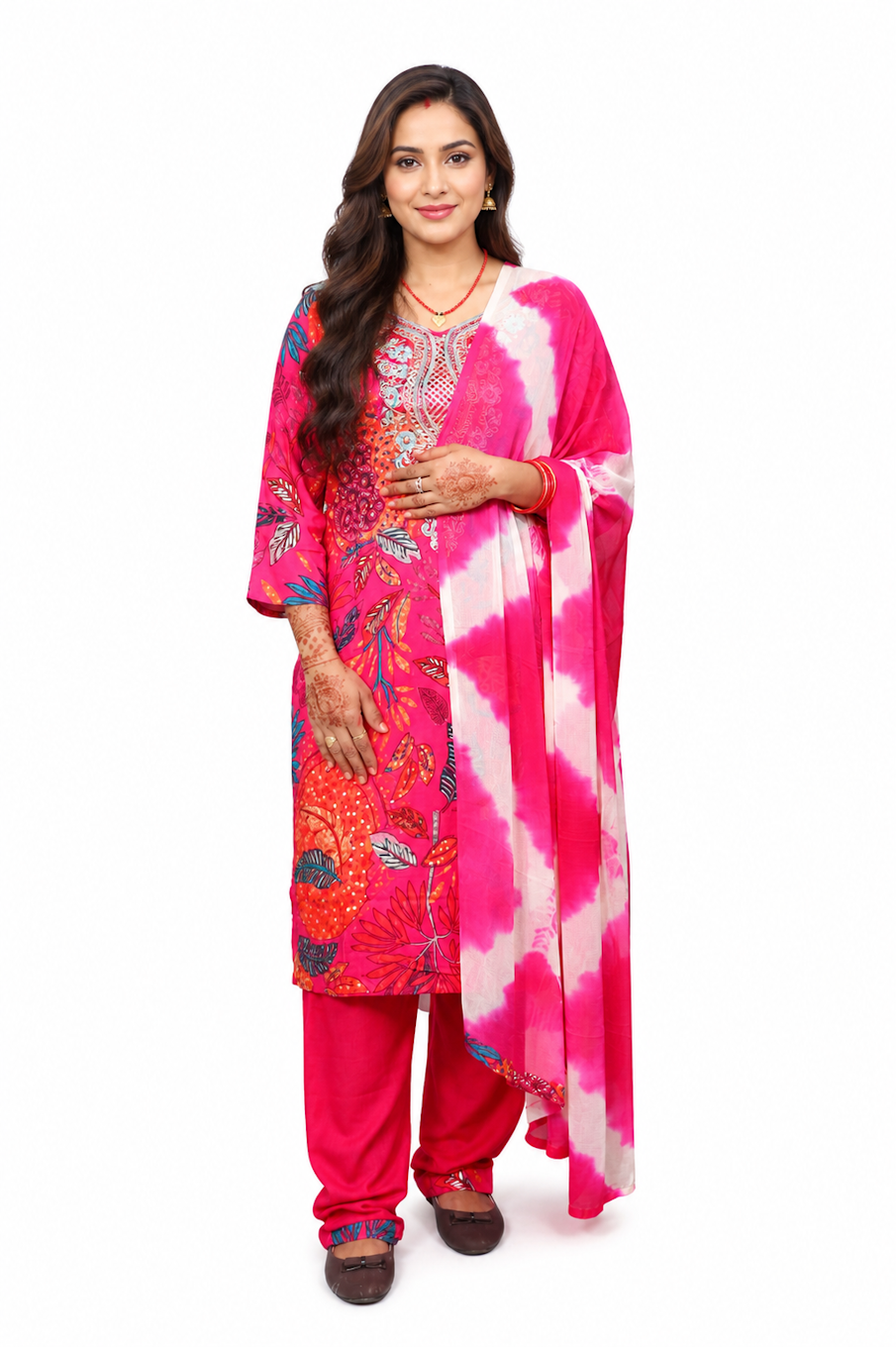 Women's Pink Floral Kurta, Pant & Dupatta Set