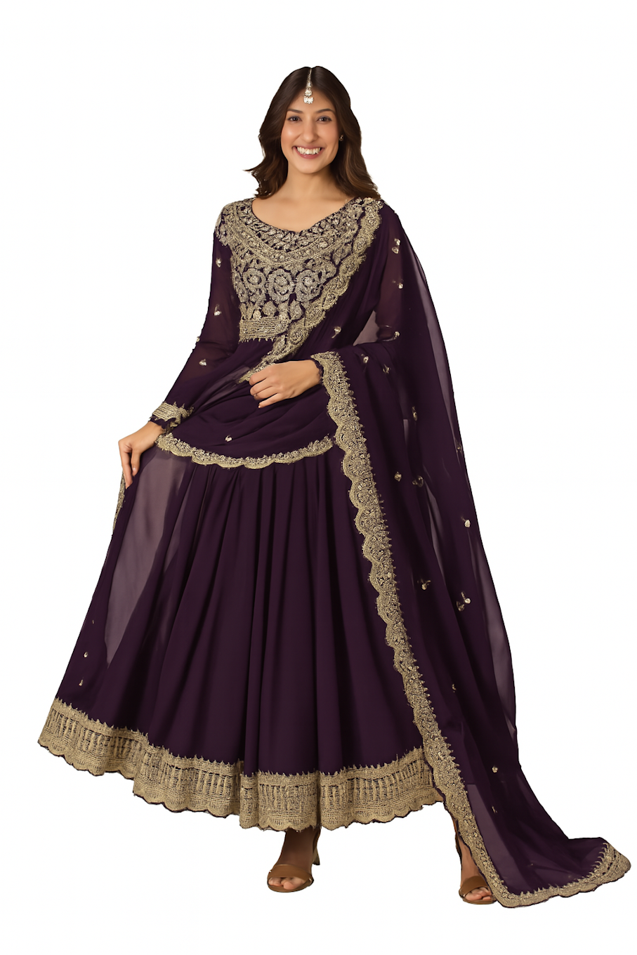 Embroidered Designer Gown for Women-Wine (Size-L) | D391
