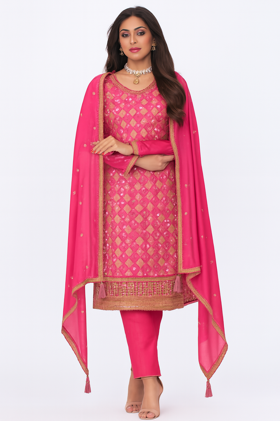 Women Traditional Embroidery Kurta Set-Pink (Size-2XL) | D238