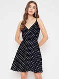 Women V Neck Polka Dots Printed A-Line Dress (Size-XL) (Color-BLACK)